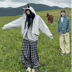 韩系休闲套装女早秋美式拼接设计感连帽卫衣宽松格纹阔腿裤两件套