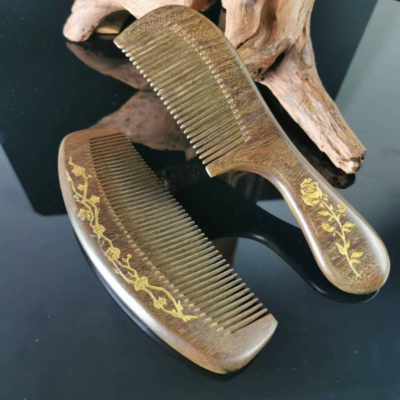 金糸檀木描金櫛彩色絵金円柄レタリングレディースロングヘア櫛ギフトプレゼントホノルル木櫛|undefined