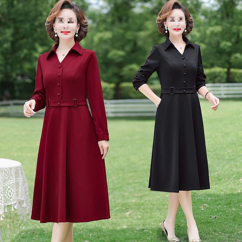 春秋遮新款中老年女装女肚子中长款显瘦妈妈装翻领裙子长袖连衣裙