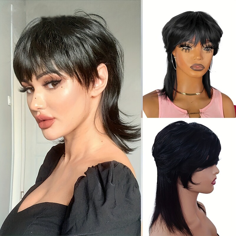 Factory wholesale European and American wig ladies dovetail short elf cut synthetic wig with bangs chemical fiber headgear