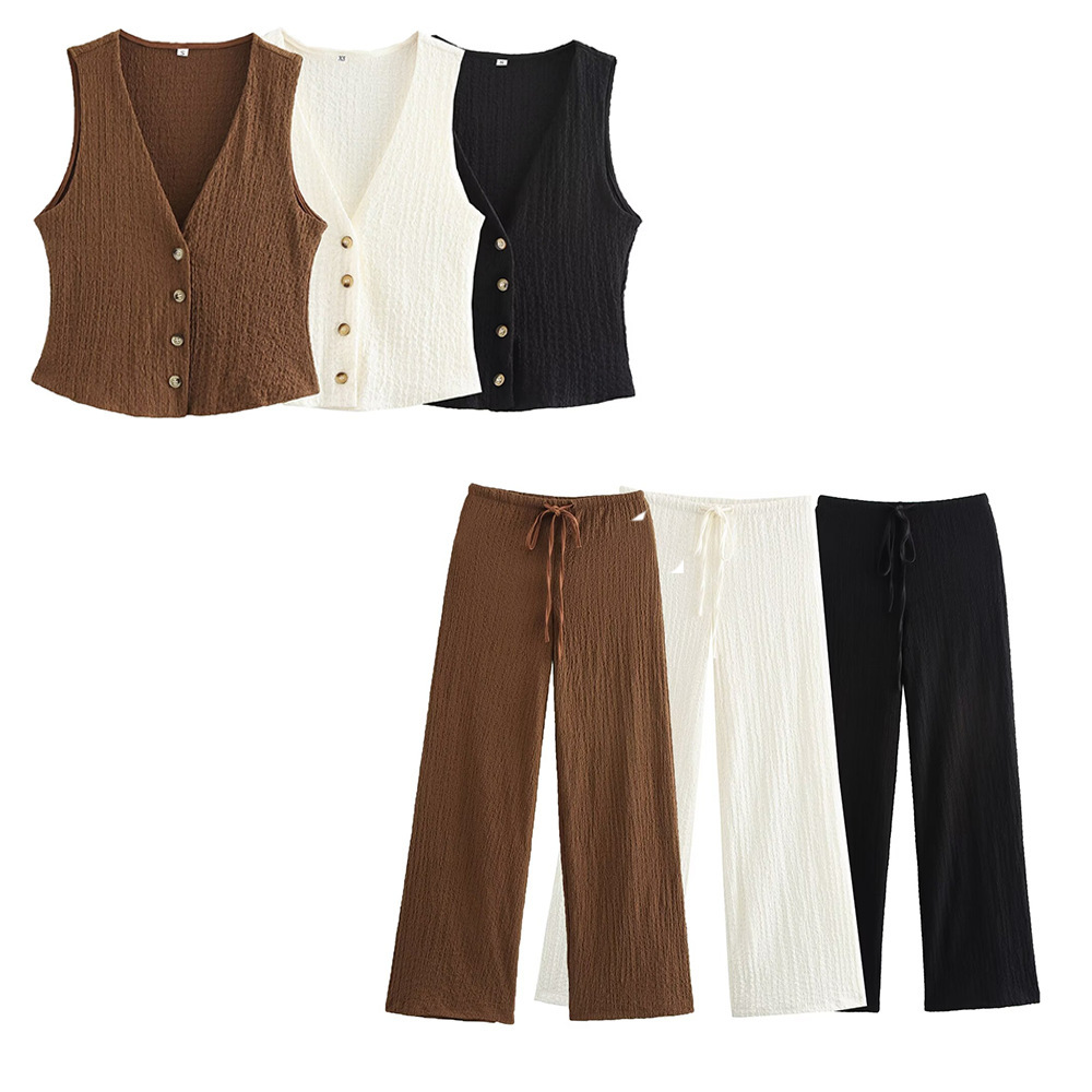 Conjunto informal de dos piezas con chaqueta, chaleco y pantalones rectos de cintura alta con textura para mujer