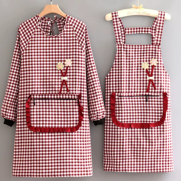 Apron for home use, cotton kitchen long-sleeve smock for women, stylish workwear, dirt-resistant, breathable, suitable for work and cooking, new model