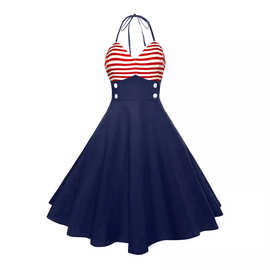 亚马逊条纹拼接挂脖印花复古连衣裙 独立日美国国旗印花 6317