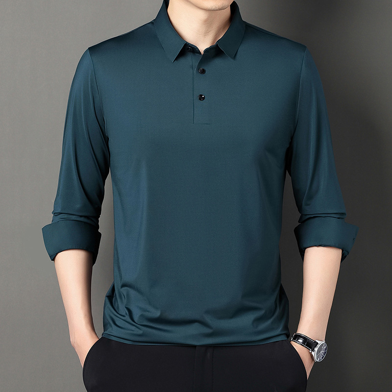 Brand Silk Long-Sleeve T-Shirt for Men, Spring and Autumn Thin Style, Turn-Down Collar, Business Casual, High-End Seamless Polo Shirt Top