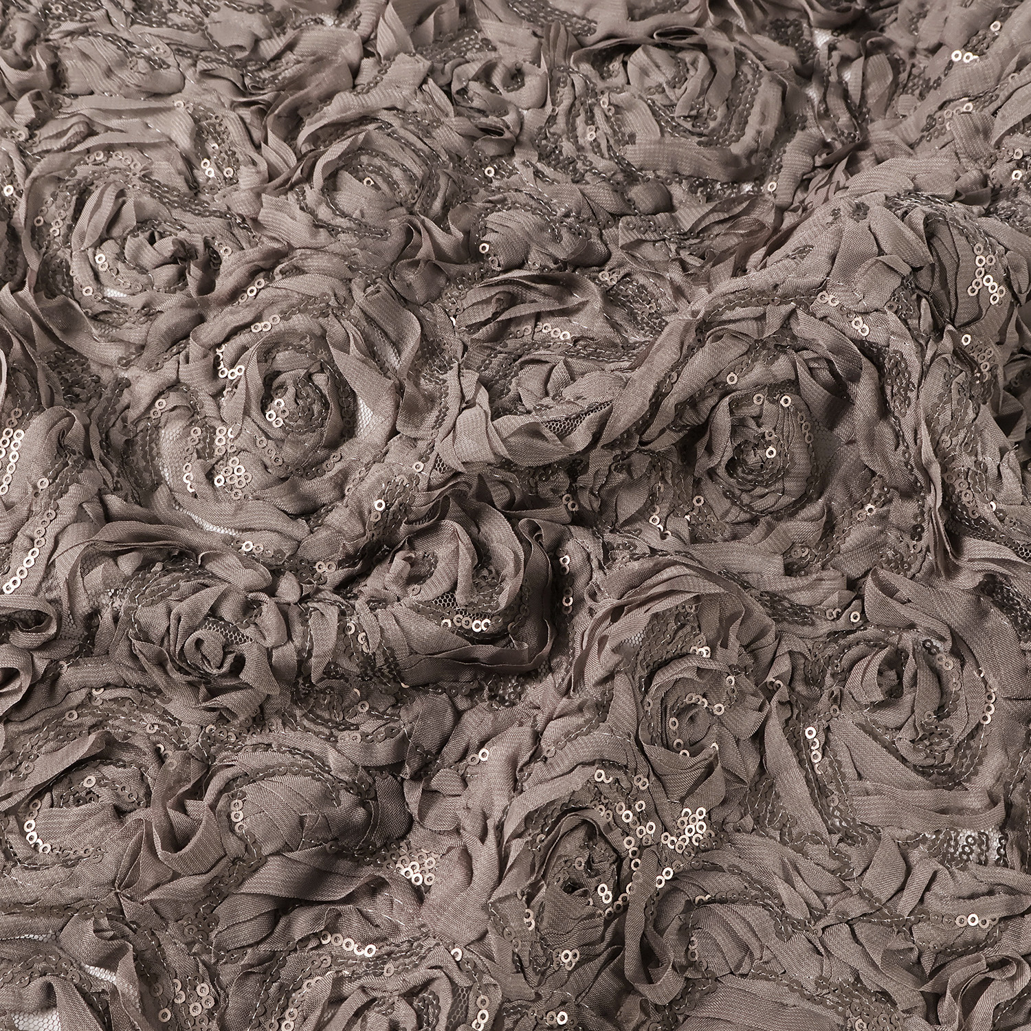 精致棕咖色亮片玫瑰盘花网布欧根纱绣花布料礼服连衣裙舞台服面料
