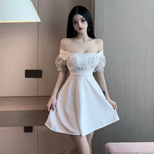 18YX1288欧美2023跨境外贸性感辣妹欧根纱拼接气质收腰A字连衣裙