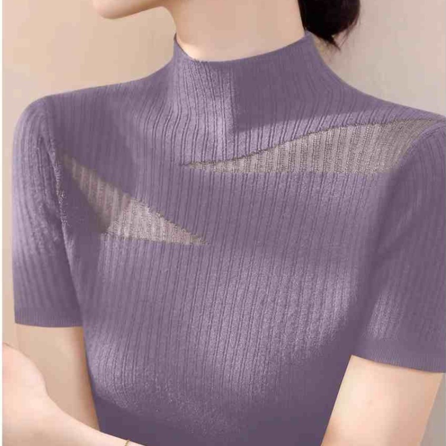 Half Turtleneck Slim Short-Sleeved Knitwear for Women 2025 Summer New Style High-End Versatile Elegant Pullover Purple Top