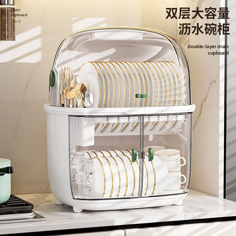 収納ラック家庭用キッチン二層食器棚蓋付き排水トレイ収納ボックス食器ボックス収納ラック|undefined