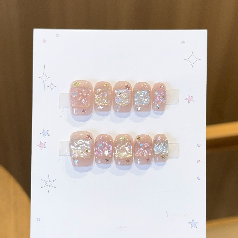 Qianfan【Aurora Ice Cube】Summer Clear Dopamine Whitening Handmade Wearable Nail Art Stickers Fake Nails