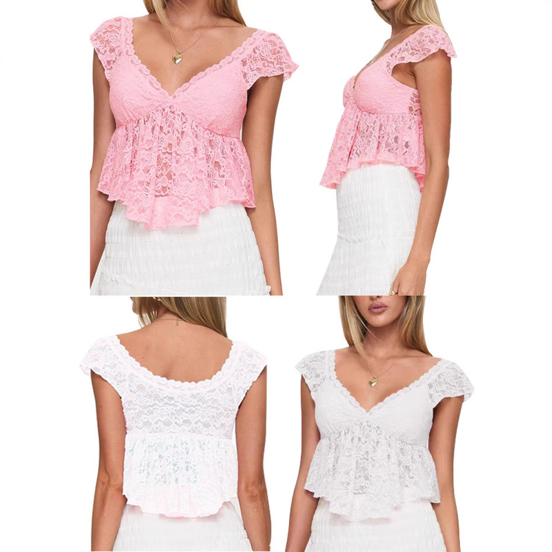 2025 New European and American Sexy Deep V Pure Desire Perspective All-match Chic Design Sense Lace Hot Top for Women