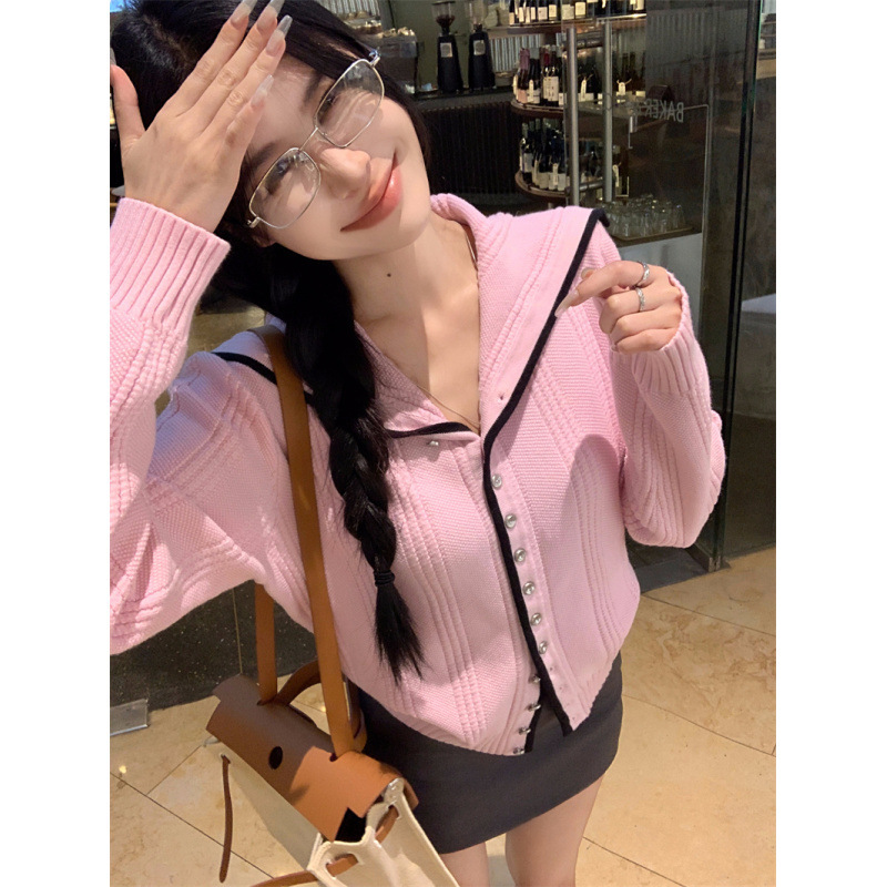 昕可达 返校韩女撞色边慵懒海军领针织毛衣开衫显瘦气质上衣|undefined
