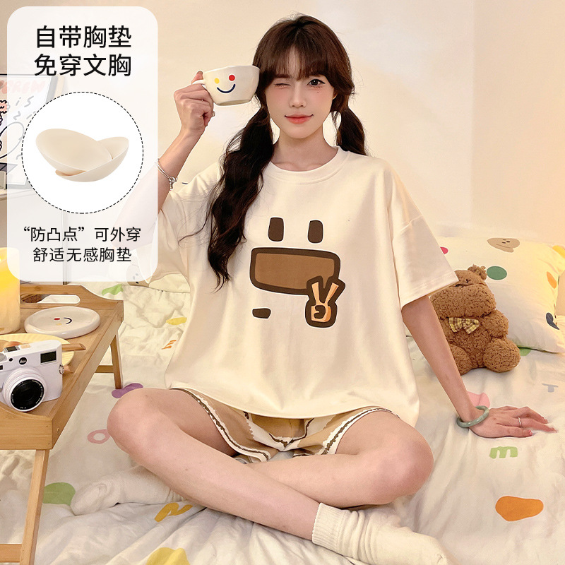 2025 New Cute Short-Sleeved Women's Pajamas Summer Day All-In-One Cartoon Home Clothes Set with Breast Pad