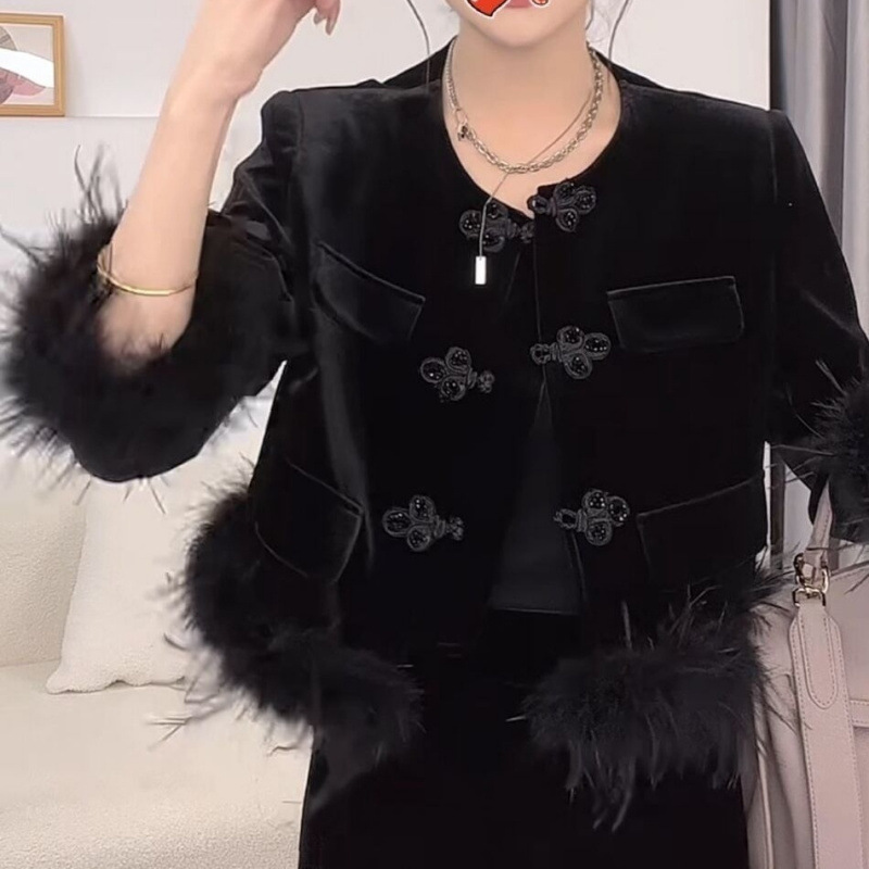 中式國風毛毛拼接外套女秋裝新款設計感重工輕奢百搭時尚短款上衣