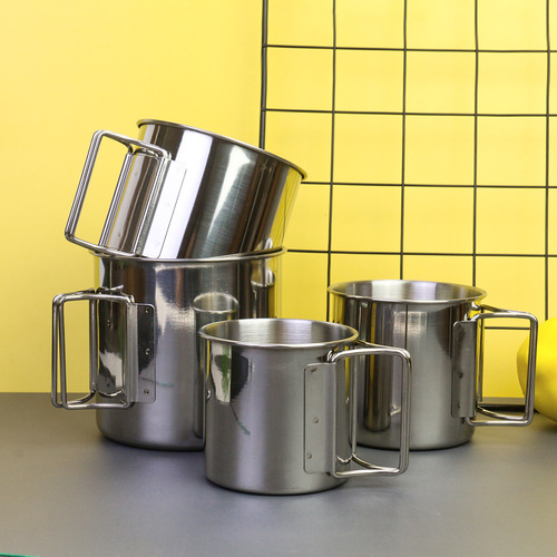 Cross-border supply factory wholesale stainless steel 304 water cup folding handle cup portable mountain climbing camping cup
