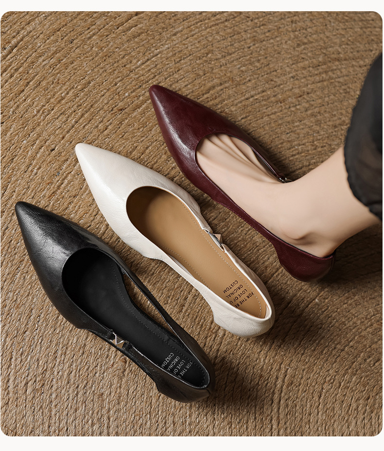 Sandal nữ da cừu mũi nhọn gót thấp hở mũi kiểu Hàn Quốc — đen chi tiết 12