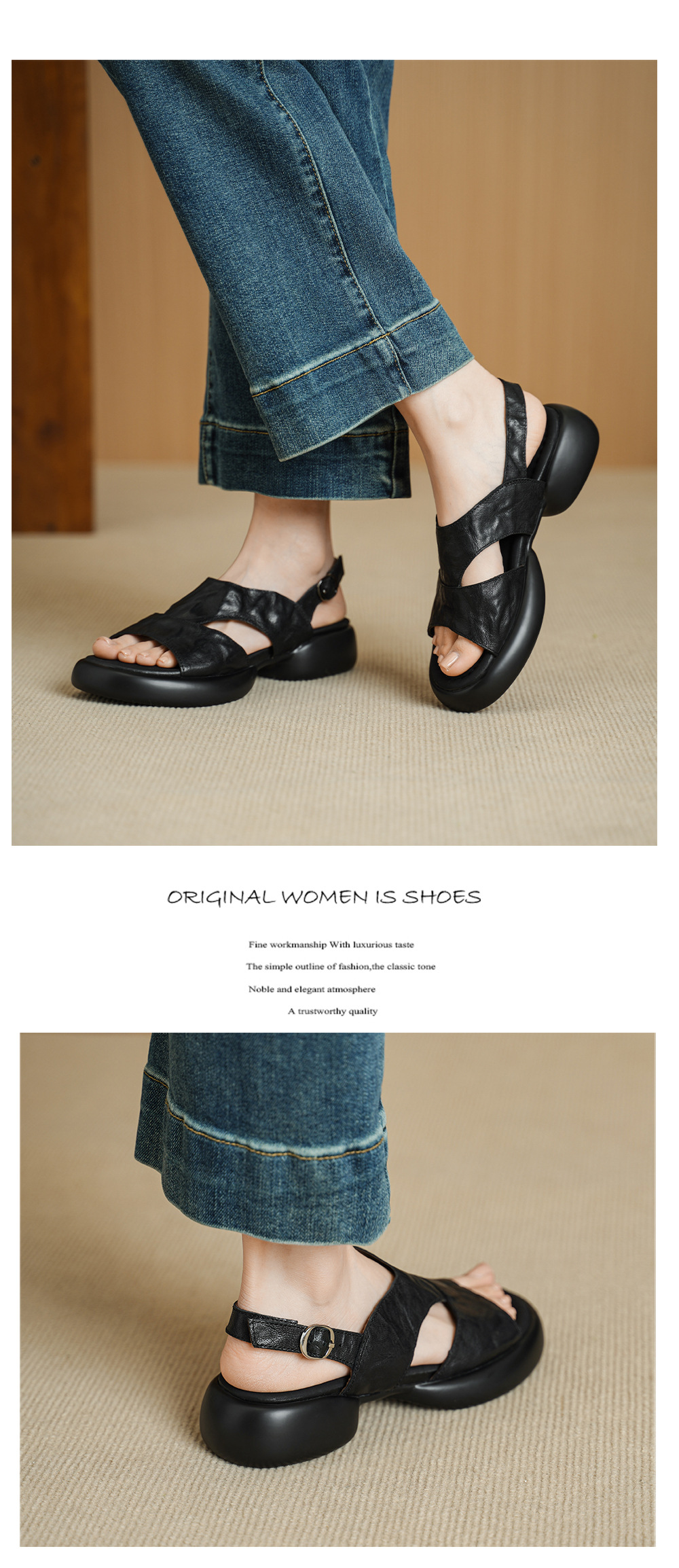 Sandal nữ hở mũi đế dày 4 cm da cừu quai chữ T khóa — màu nâu chi tiết 8