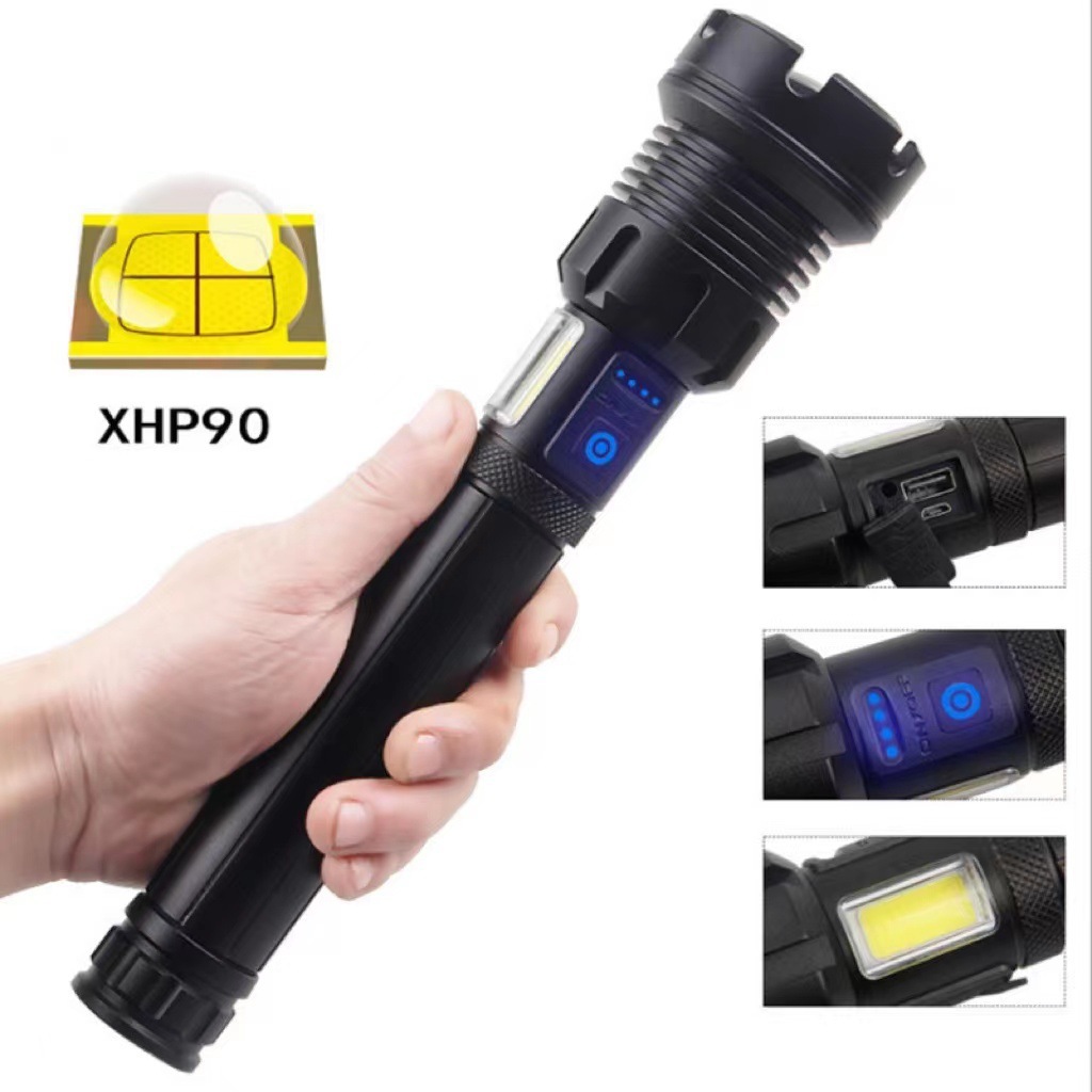 Linterna telescópica con zoom P90, reflector de patrulla, luz lateral COB, iluminación de emergencia para exteriores, luz potente de alta resistencia