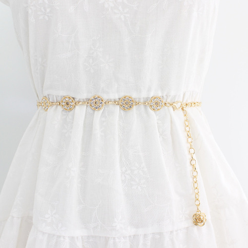 Hook adjustable waist chain for women, versatile skirt, sweater decorative chain, small fragrant rhinestone inlaid metal thin belt