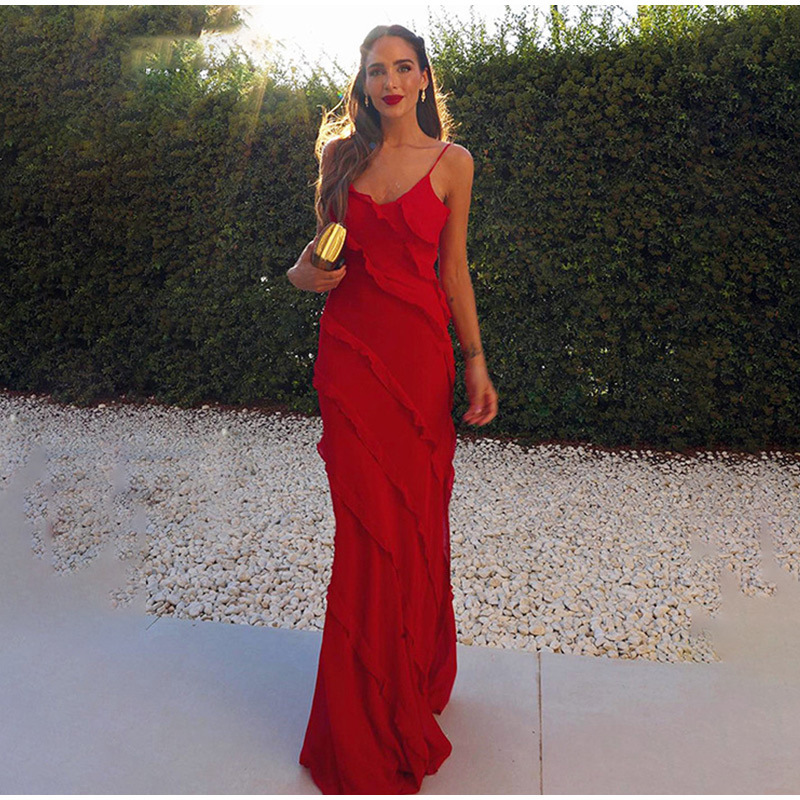 European and American Amazon Hot-Selling Chiffon Vacation Long Dress, Sexy Spaghetti Strap Backless Slit Ruffle Gown Women's Dress European and American Amazon Hot-Selling Chiffon Vacation Long Dress, Sexy Spaghetti Strap Backless Slit Ruffle Gown Women's Dress
