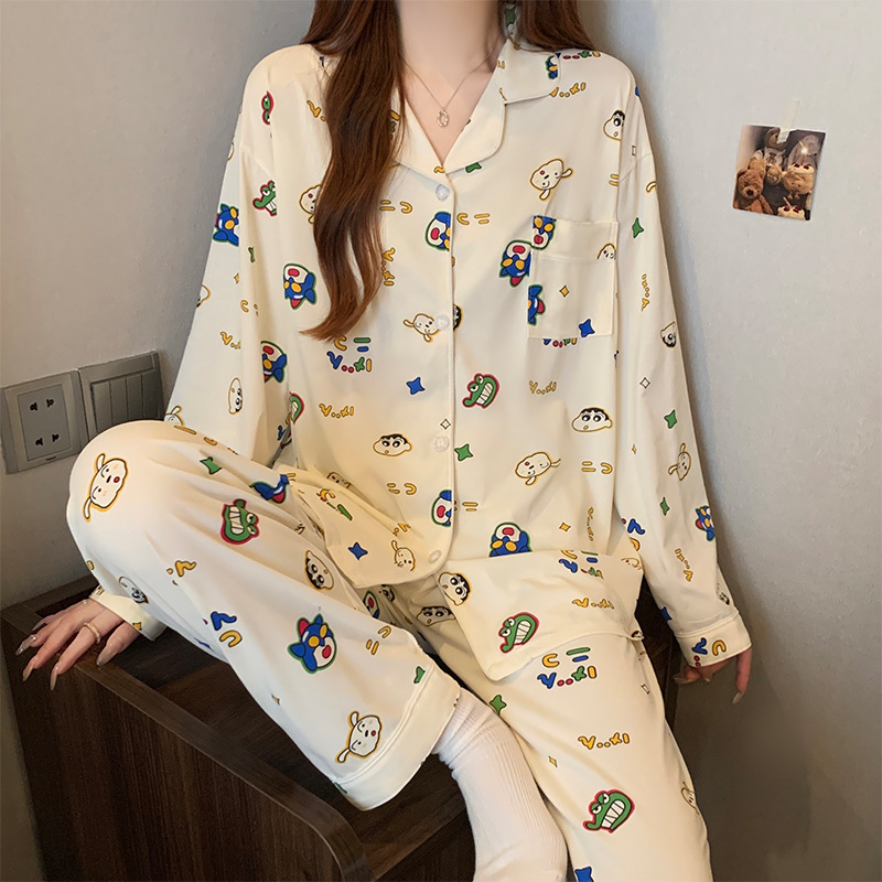 网红风长袖睡衣女春秋季蜡笔小新可爱学生卡通仿棉家居服套装