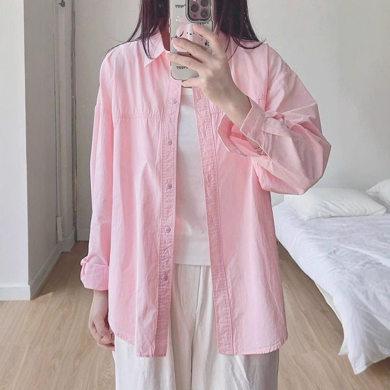 2025春新款多巴胺奶黄色纯棉衬衫女内搭叠穿宽松百搭显瘦衬衣外穿|undefined