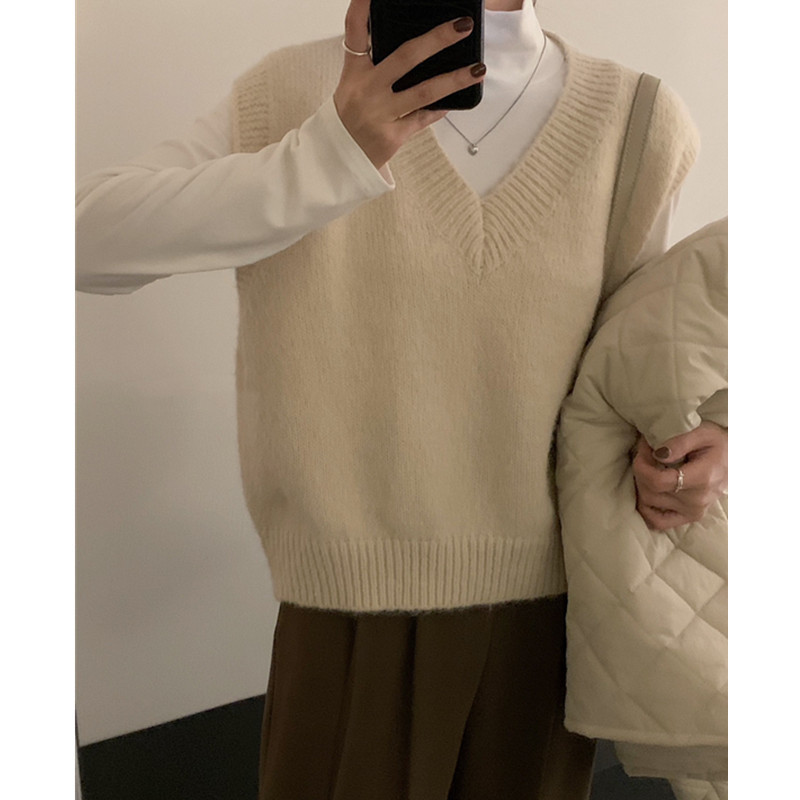 Chaleco de punto con cuello en V para mujer 2023 otoño e invierno nuevo estilo suelto y perezoso