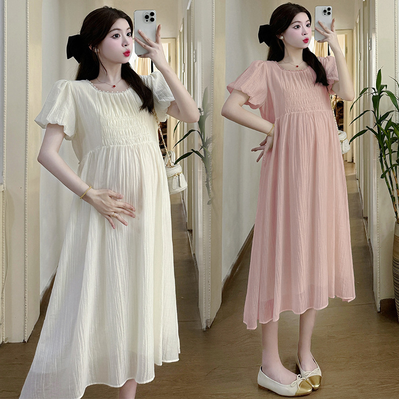 2026 New Summer Korean Style Round Neck Tie-String Mid-Length Short-Sleeved Dress for Pregnant Women, Simple
