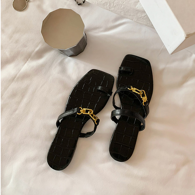 Grape Mom's Same Style Casualism ~ Tot* Mismatched Shoes Crocodile Gold Buckle Thong Flat Sandals Genuine Leather Women's Slippers