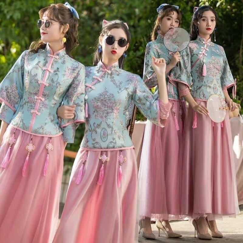 Bridesmaid Dress 2021 New Chinese Style Bride Bridesmaid Group Wedding Sister Dress Chinese Style Long Xiuhe Slim Dress