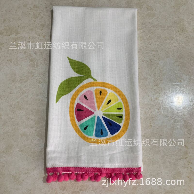 [Cotton Printed Tea Towel with Tassels] Pure Cotton Tea Towel Gauze Printed Soft Absorbent Kitchen Hand Towel Pillow Towel