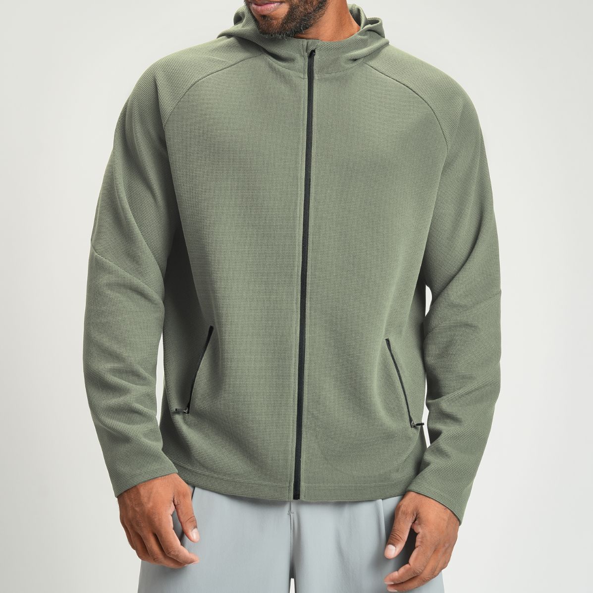 Cross-Border Men's Waffle Skin-Friendly Anti-Static Hooded Sports Fitness Jacket Outdoor Hiking Zipper Long-Sleeve 2512