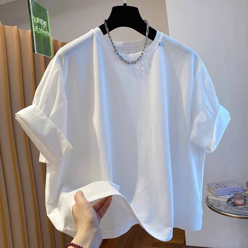 High-End Style White T-Shirt with Sleeve Patchwork for Women, New Summer Loose-Fitting Trendy Plus-Size Top