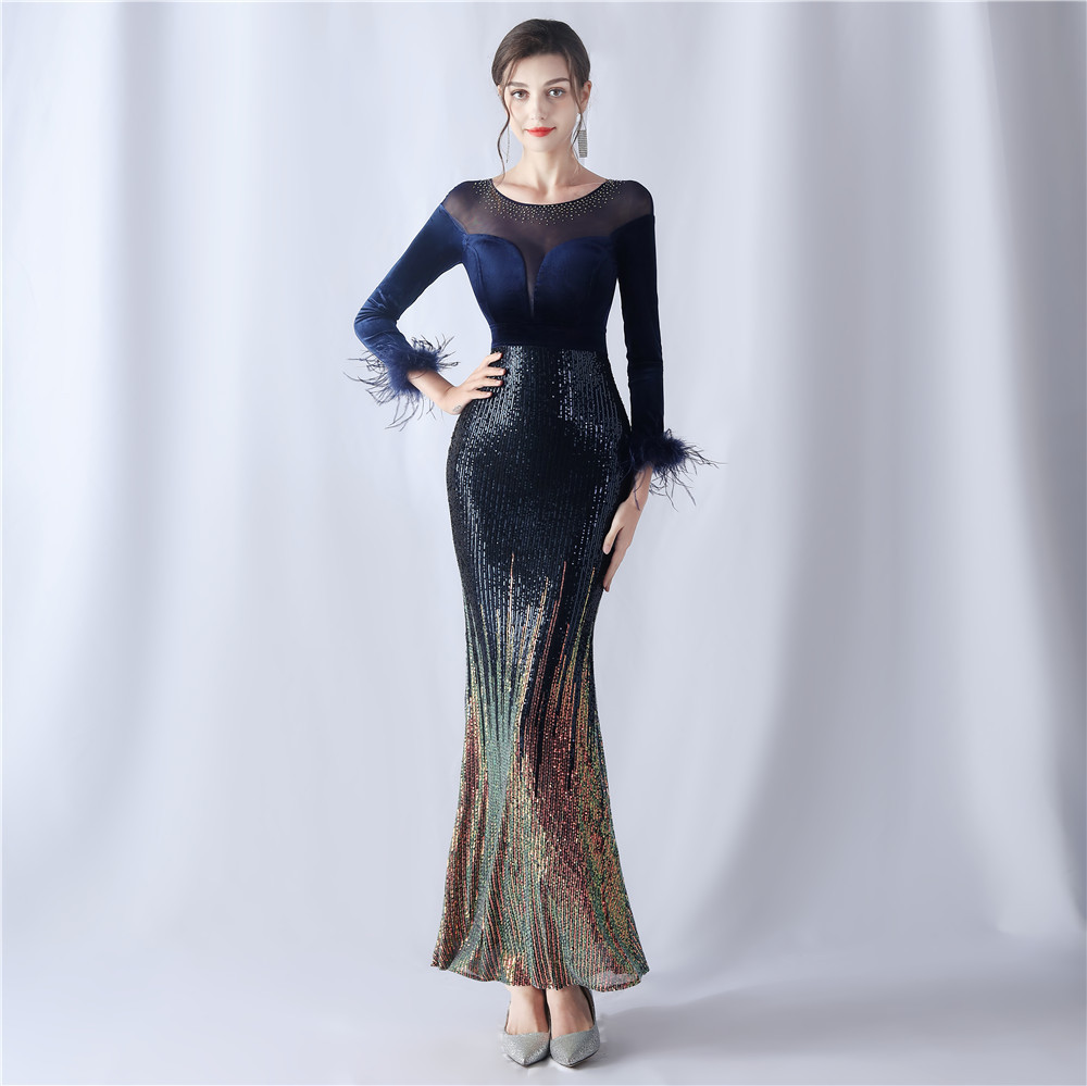 Women's gradient beaded diamond velvet high-end evening dress_voghion.com