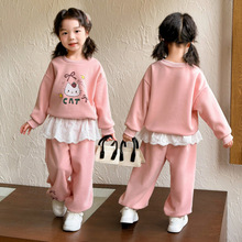 女童秋套装2025新款卡通猫咪儿童圆领卫衣春秋款甜美女小童衣服潮