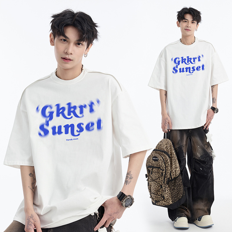 夏用ぼんやりプリント厚手320g半袖Tシャツメンズジッパーデザイン七分袖トップストレンディブランドルーズTシャツ|undefined