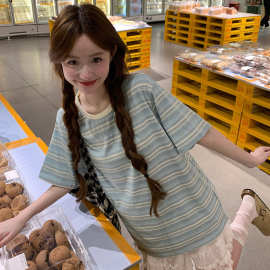 条纹撞色短袖t恤女夏季宽松显瘦韩版小众设计感圆领上衣慵懒松弛