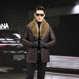 海宁冬季男士牛皮皮衣男大美洲貉毛领双色油蜡羽绒内胆中长款外套