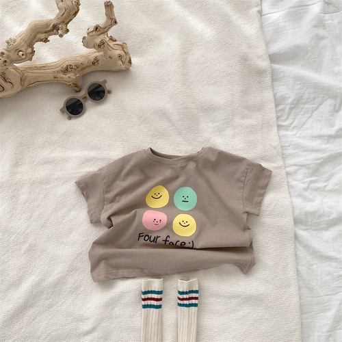 Korean summer version of boys and girls baby thin cotton soft letters smiley face short-sleeved T-shirt ins versatile tops for infants and young children