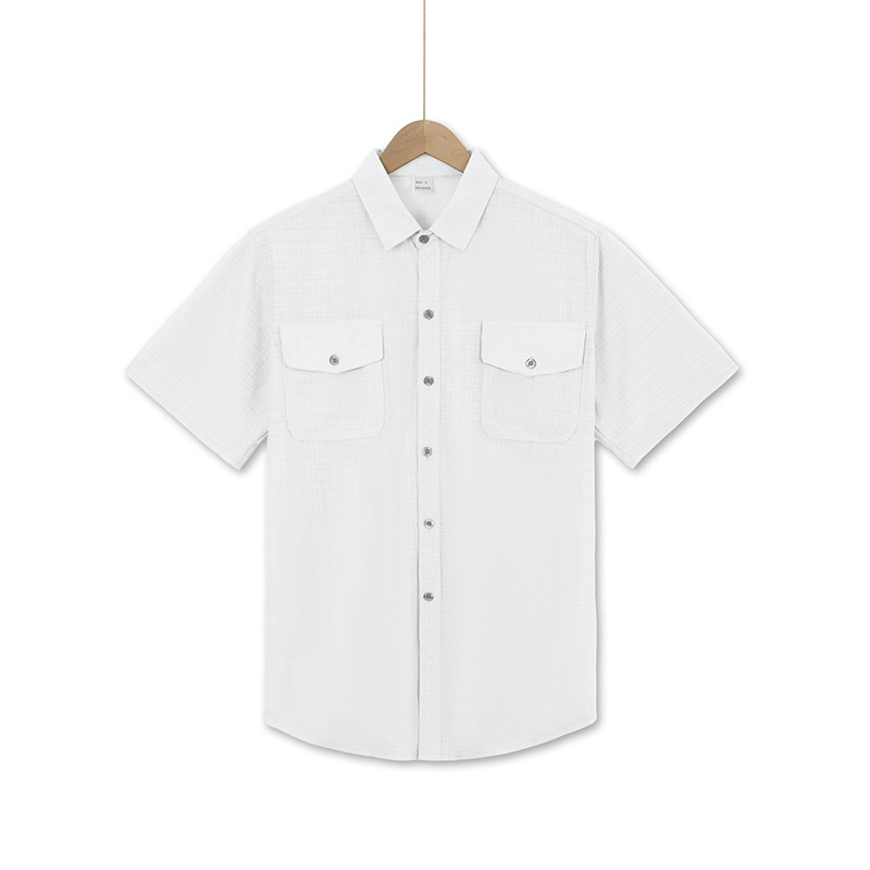 Men's Summer Shirt Double Pocket Solid Color Short Sleeved Shirt Casual Vacation Lapel Shirt_voghion.com