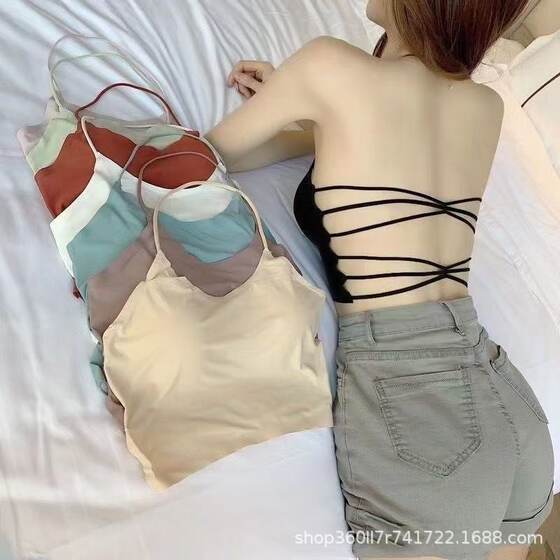 Summer Ice Silk Hanging Neck Wrapping Chest Beautiful Back Traceless Bottoming Inner Strapless Outer Wearing Cross Design Short Underwear for Women