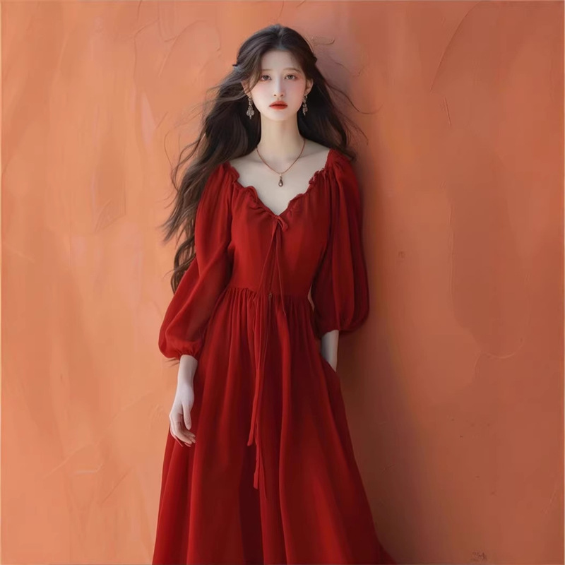 2512【in Stock】2512 New Style Plus Size French Style Red V-Neck Dress for Women A-Line Dress 2512【in Stock】2512 New Style Plus Size French Style Red V-Neck Dress for Women A-Line Dress