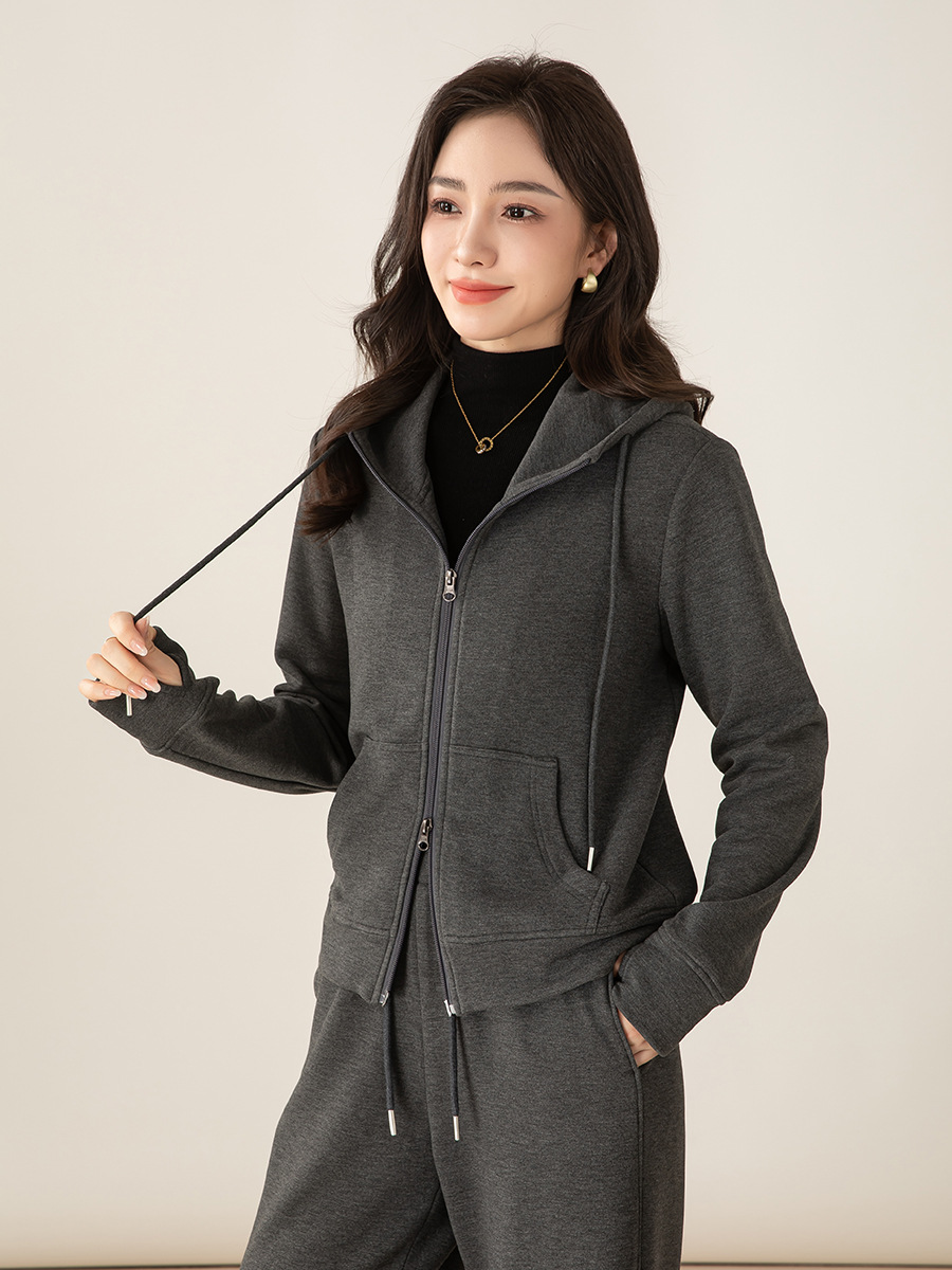 Bộ đồ thể thao nữ hai mảnh giả cashmere mũ trùm dáng rộng phong cách Hàn Quốc — Màu xám (bộ hai món)