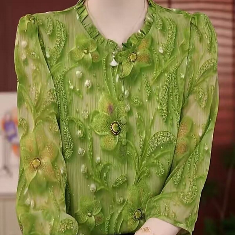French-Style Ruffled Collar Green Printed Shirt for Women, 2026 Spring/Summer New Stylish Slim-Fit Three-Quarter Sleeve Thin Top French-Style Ruffled Collar Green Printed Shirt for Women, 2026 Spring/Summer New Stylish Slim-Fit Three-Quarter Sleeve Thin Top