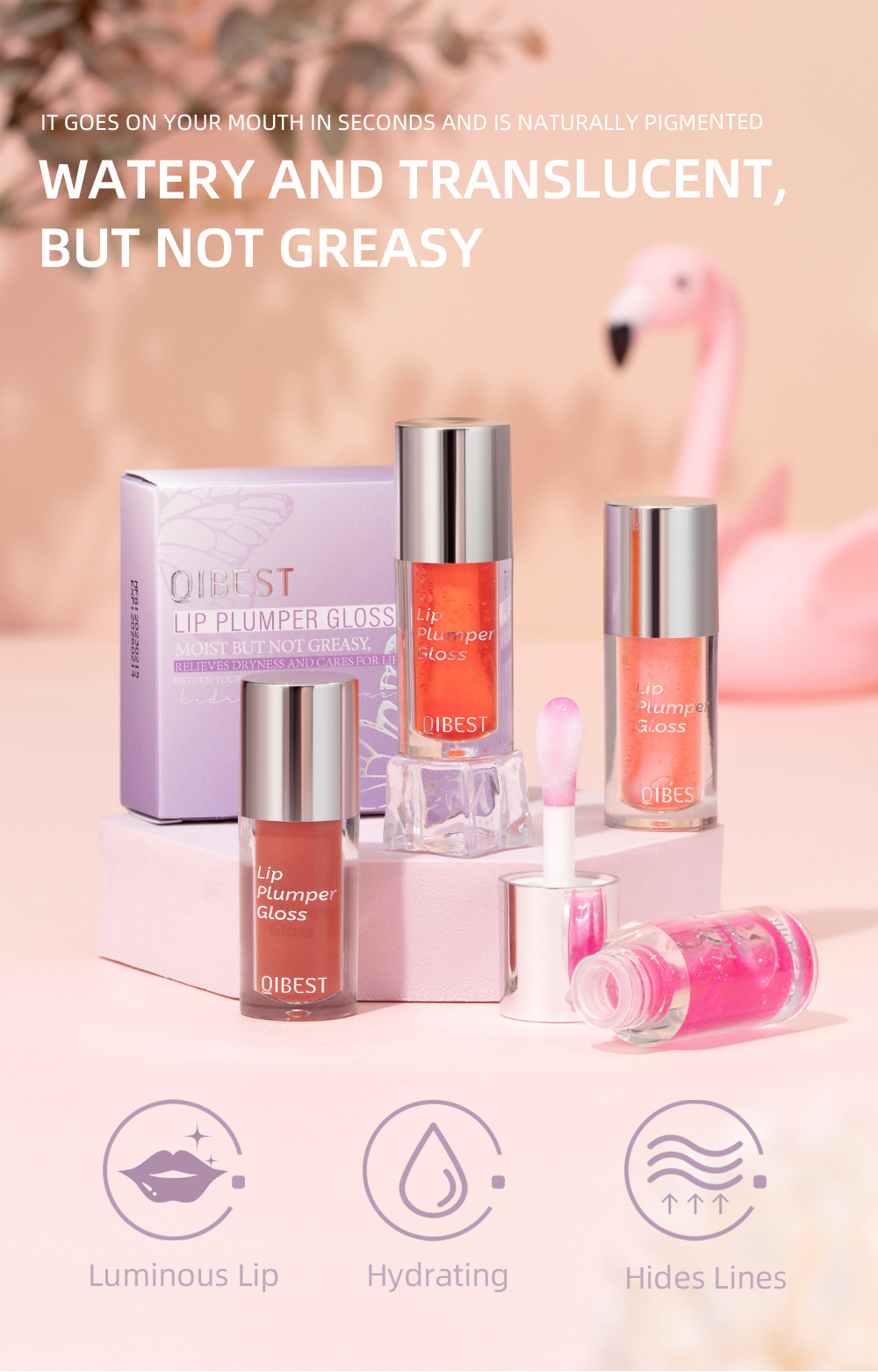 QIBEST Cross-border best-selling Lip Oil, long-lasting hydration, moisturizing, nourishing, reducing lip lines, Lip gloss, lip gloss, and chubby lip set details Picture