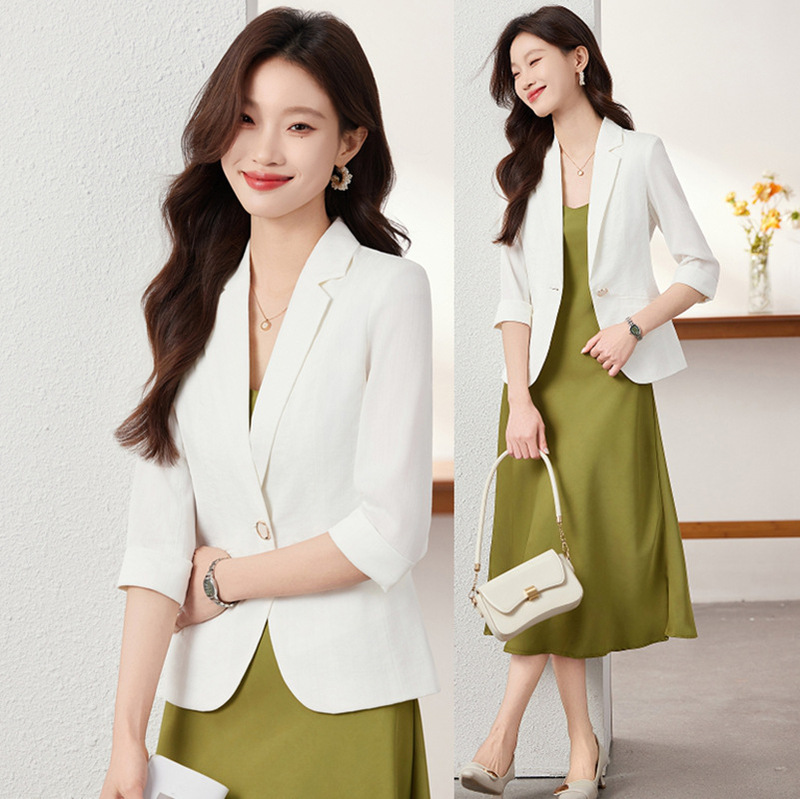White Blazer for Women, High-End Style, 2026 New Model, Thin Version, Three-Quarter Sleeves, Slim Fit, Linen, Petite Size Suit White Blazer for Women, High-End Style, 2026 New Model, Thin Version, Three-Quarter Sleeves, Slim Fit, Linen, Petite Size Suit