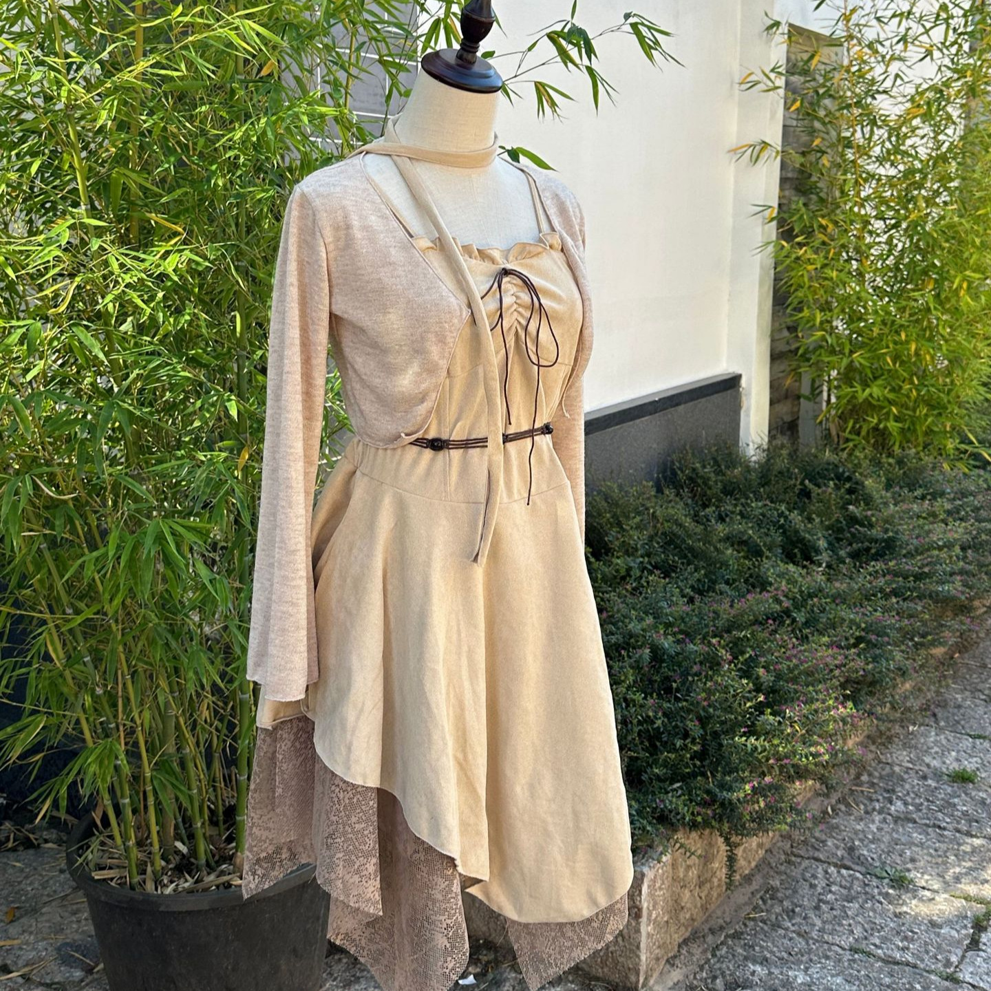 复古长袖吊带套装裙设计感辣妹拼接洋气高腰吊带连衣裙女套装秋季