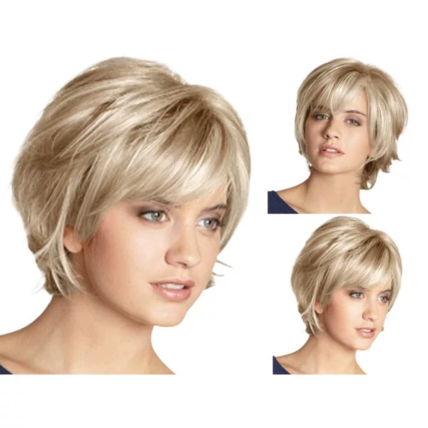 Cross-border foreign trade ladies short straight hair fluffy slanting bangs gold white wig factory direct high temperature silk a hair