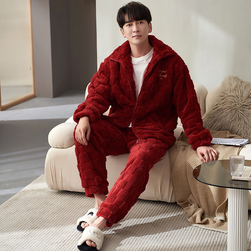 Pijamas de franela los hombres del otoño y el invierno collar soporte caliente juventud coral fleece homewear traje se puede usar fuera
