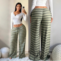 亚马逊跨境欧美风新款女士舒适休闲简约低腰抽绳阔腿裤条纹裤