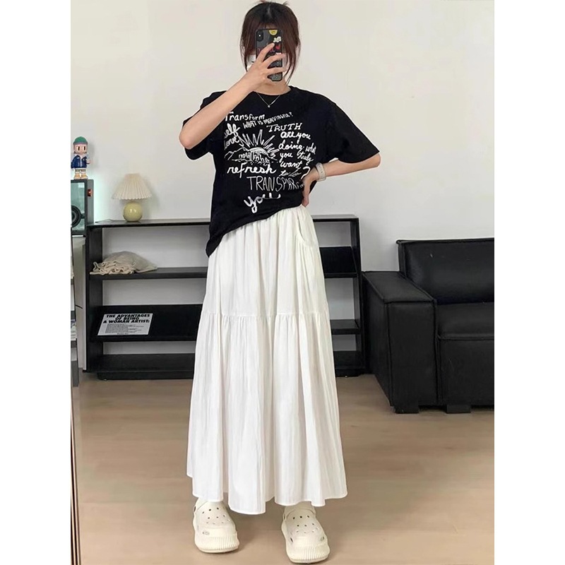 White Cake Skirt with Pockets, High-Waisted A-Line Skirt for Women, Hip-Covering, Slimming, Versatile Umbrella Long Skirt